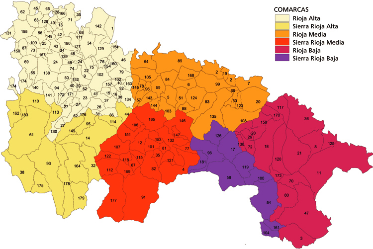 Mapa de La Rioja distribuido por comarca y número de municipio