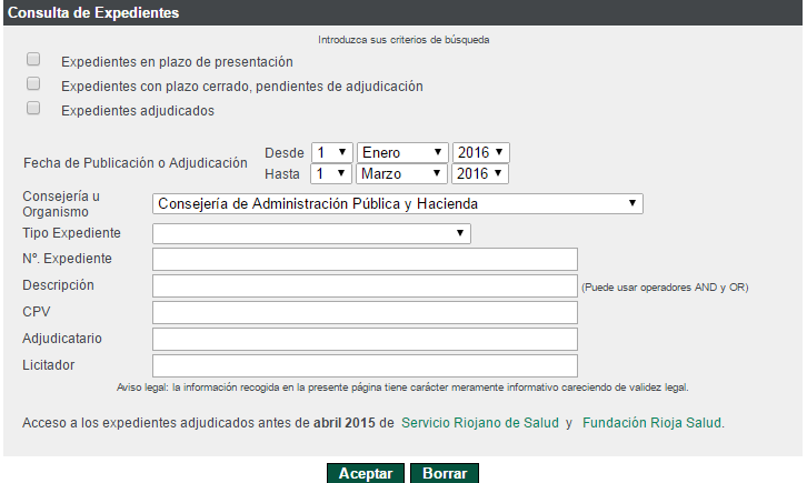 Selección fecha y consejería