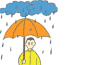 nube con lluvia y niño con impermeable y paraguas
