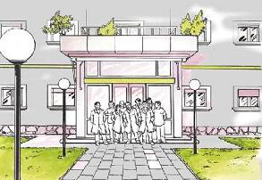 Personal del laboratorio delante de la entrada al edificio