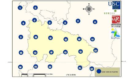 Mapa de La Rioja con la distribución de puntos de muestreo