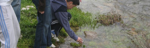 Escolares tomando muestras del río Oja